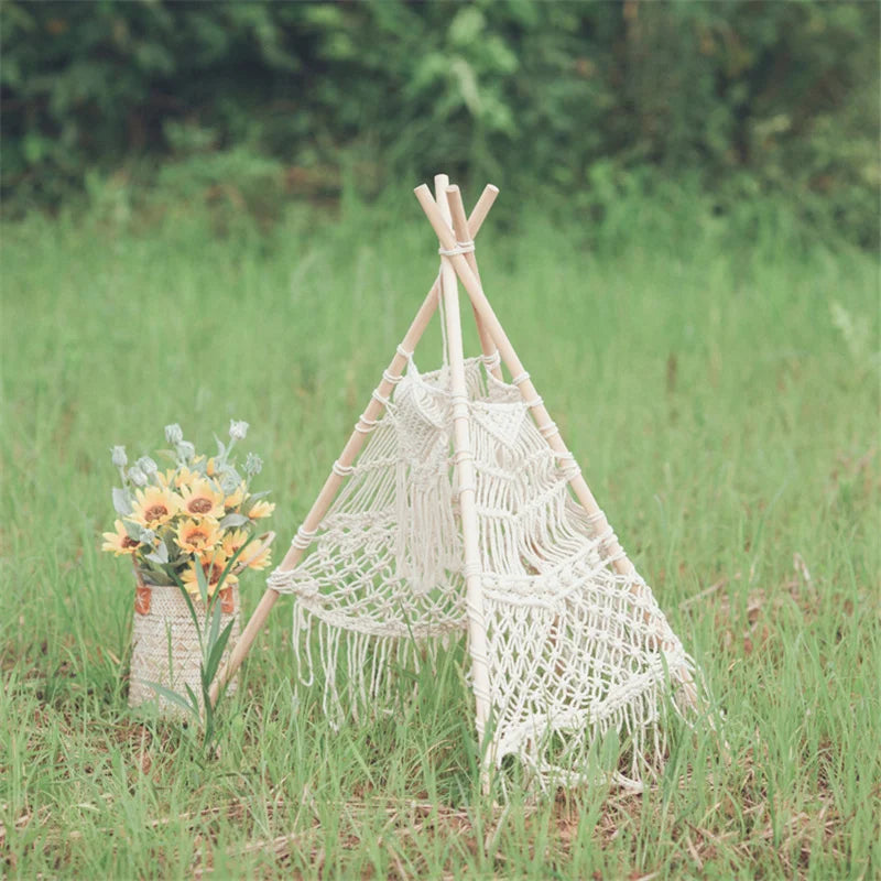 Decobites Macrame Kids Tent with Wooden Stick Holder for Boho Decor