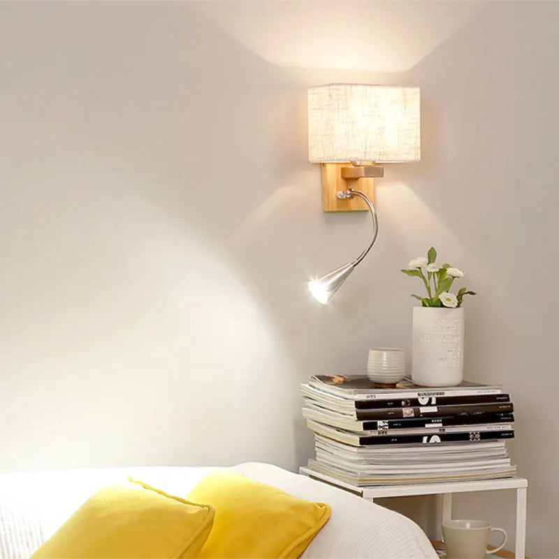 DecorBites™ Chinese Wood LED Wall Lamp for Bedroom Reading, Nordic Fabric Lighting Fixture