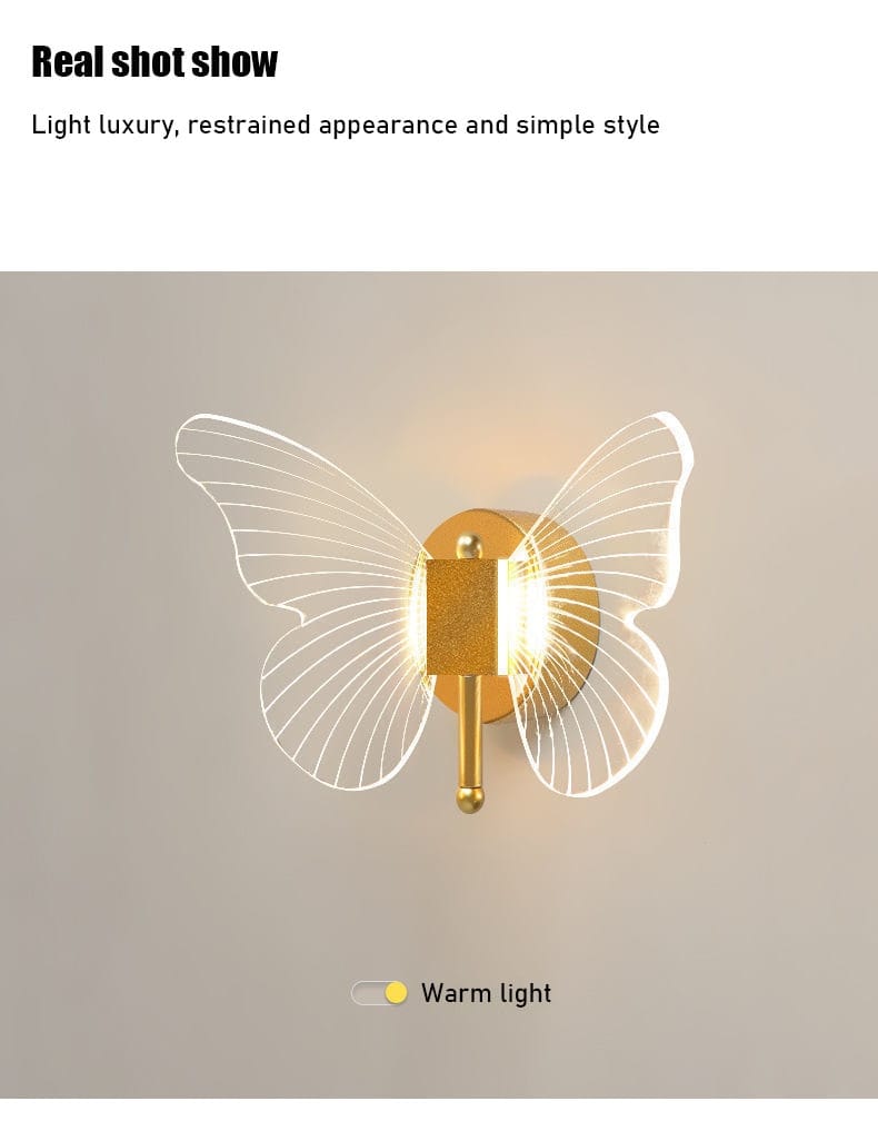 Modern nordic gold led butterfly wall lamp with gold-toned copper led butterfly design and translucent illuminated wings for bedroom use.