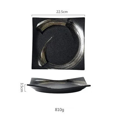 DecorBites™ Black Ceramic Sushi Plate and Rice Bowl Set