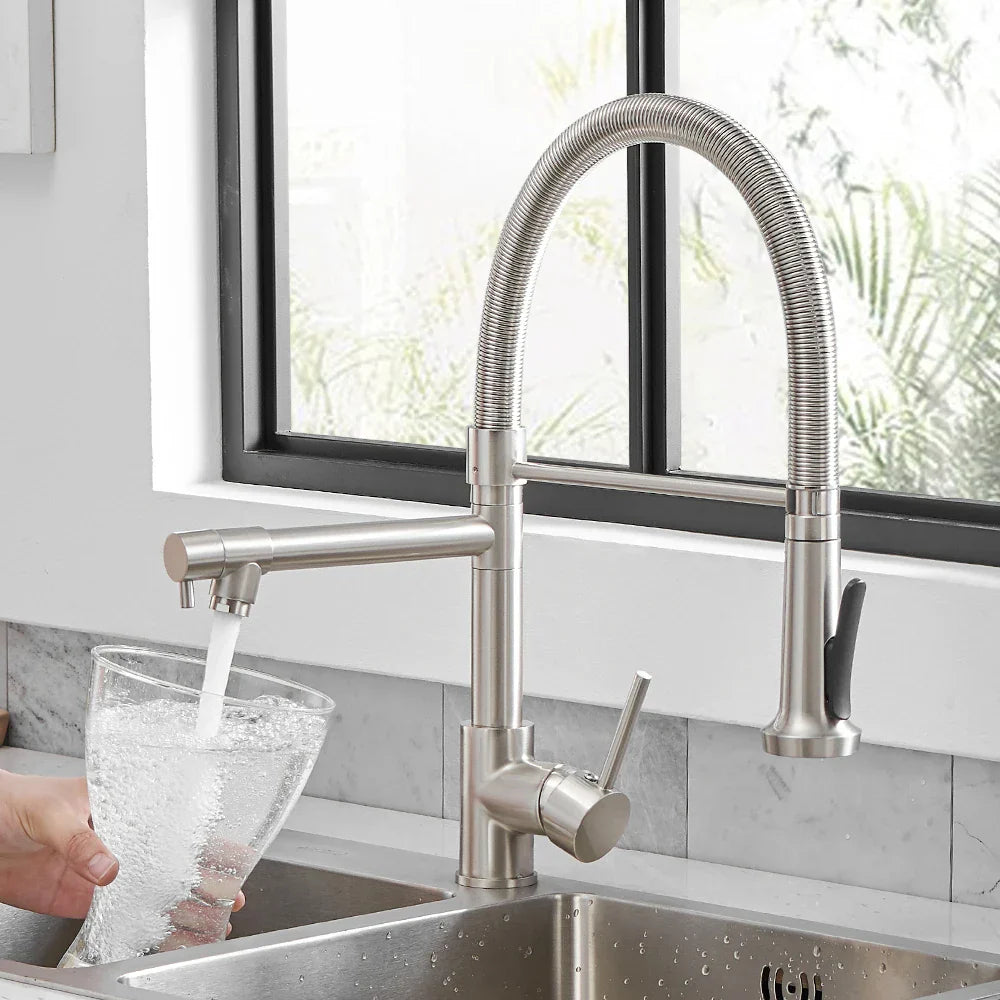 Decorbites™ Grifo de Mezcladora de Cocina Boca Doble Agua Caliente Fría Montado en Cubierta