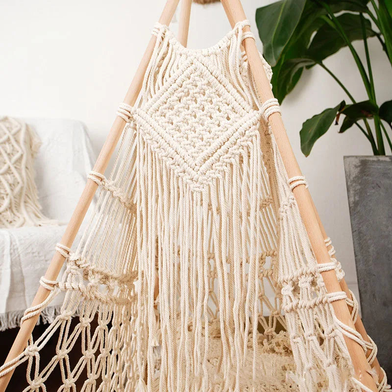 Decobites Macrame Kids Tent with Wooden Stick Holder for Boho Decor