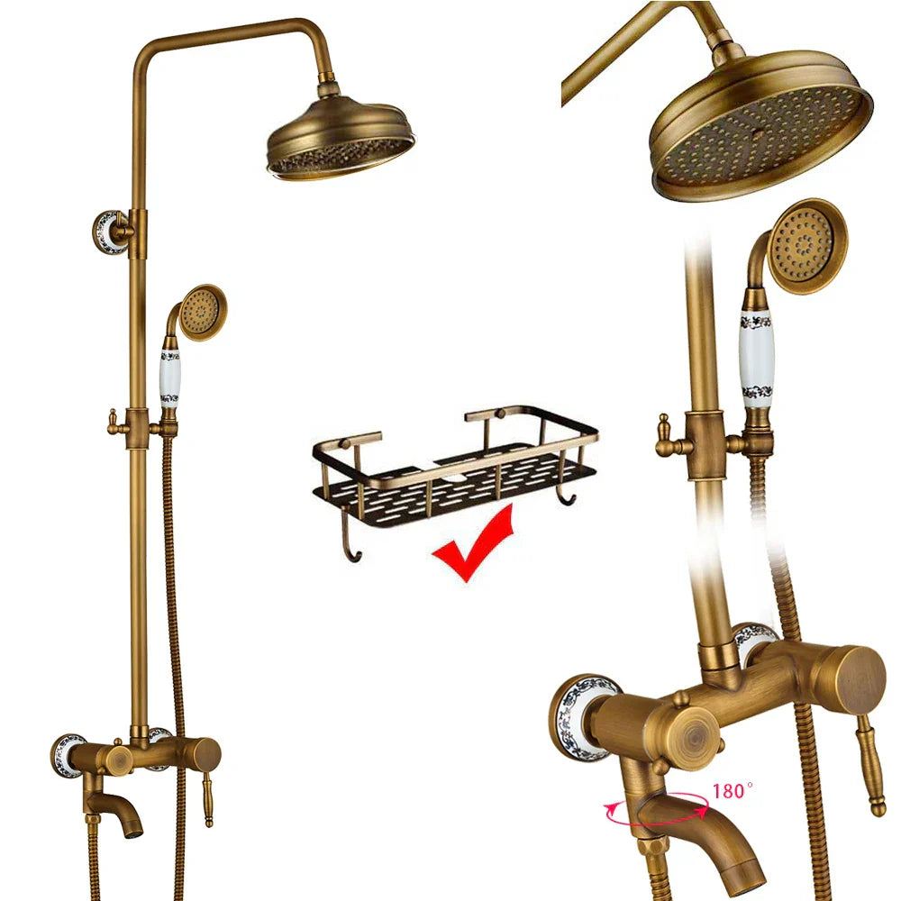DecorBites™ Brass Antique Dual Handle Shower Faucet Set with Handshower Shelf
