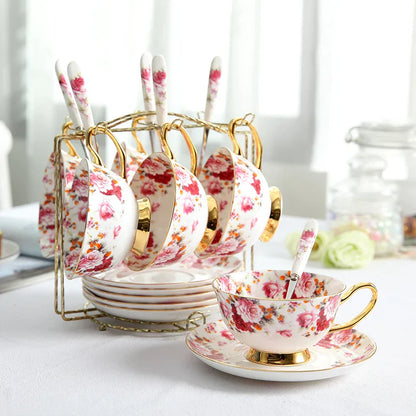 DecorBites™ Elegant Floral Tea Set - 200ml Capacity Bone China Cup, Saucer, and Spoon