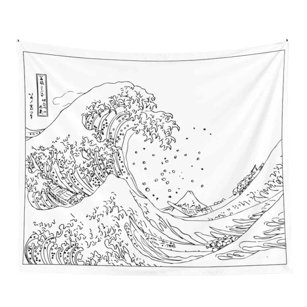 Decobites Kanagawa Wave Black White Tapestry Japanese Surfing Vintage Art Wall Hanging