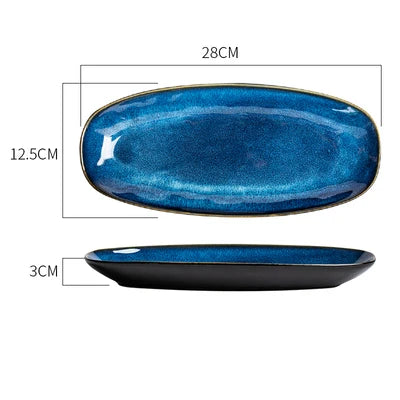 DecorBites™ Japanese Blue Ceramic Tableware Set - Rice Bowl, Plate, Spoon, Udon Ramen Bowl, Soup Dish