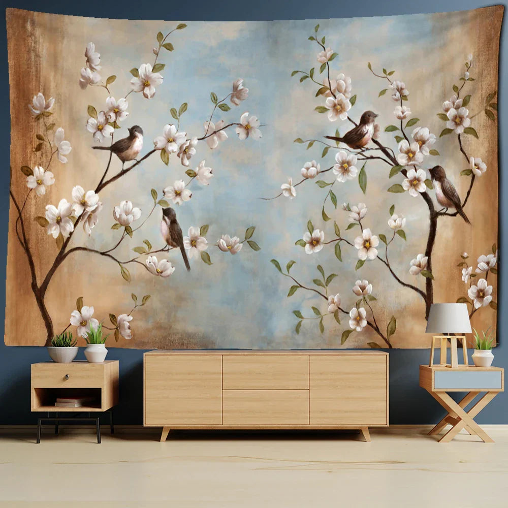 Decobites Flower Bird Chinese Painting Tapestry Wall Hanging Bohemian Style Home Decor