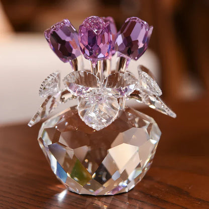 DecorBites™ Crystal Rose Flower Dreams Glass Paperweight Bouquet Sculpture