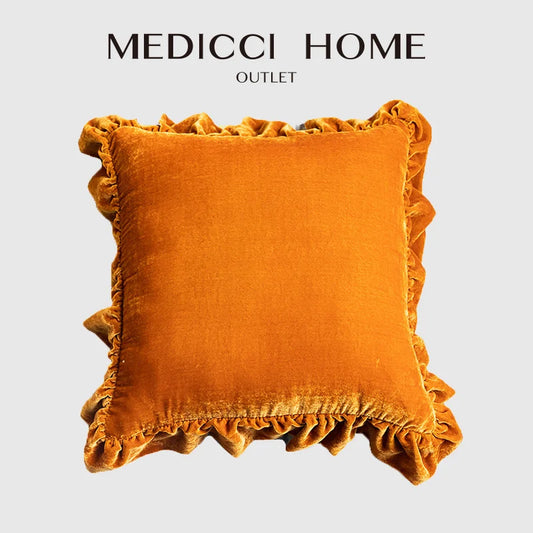DecorBites™ Luxe Orange Velvet Ruffled Euro Pillow Sham - French Style Elegance