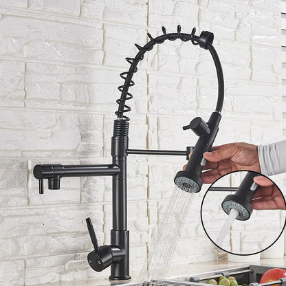 DecorBites™ Dual Spout Kitchen Sink Faucet - Matte Black Finish, Deck Mount Spring Mixer