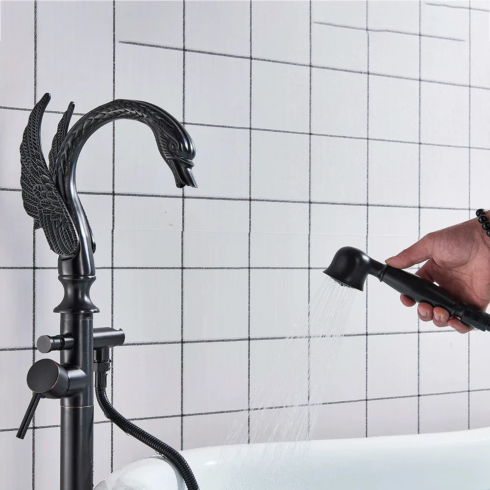 DecorBites™ Black Bathtub Faucet Hot Cold Water Mixer Taps Shower Set Floor Mounted