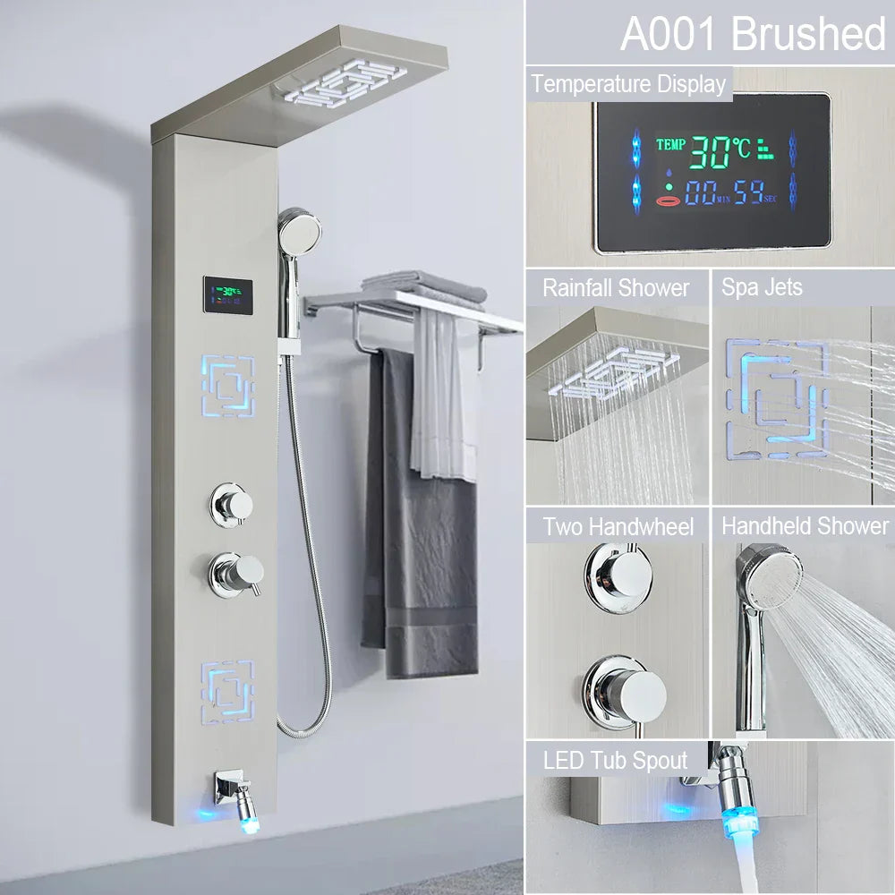 Sistema de grifería para ducha con luz LED DecorBites™: chorros de lluvia, chorros de masaje, panel de cascada con control de temperatura