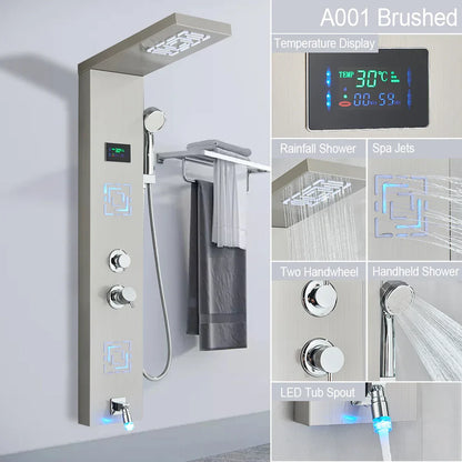 Sistema de grifería para ducha con luz LED DecorBites™: chorros de lluvia, chorros de masaje, panel de cascada con control de temperatura