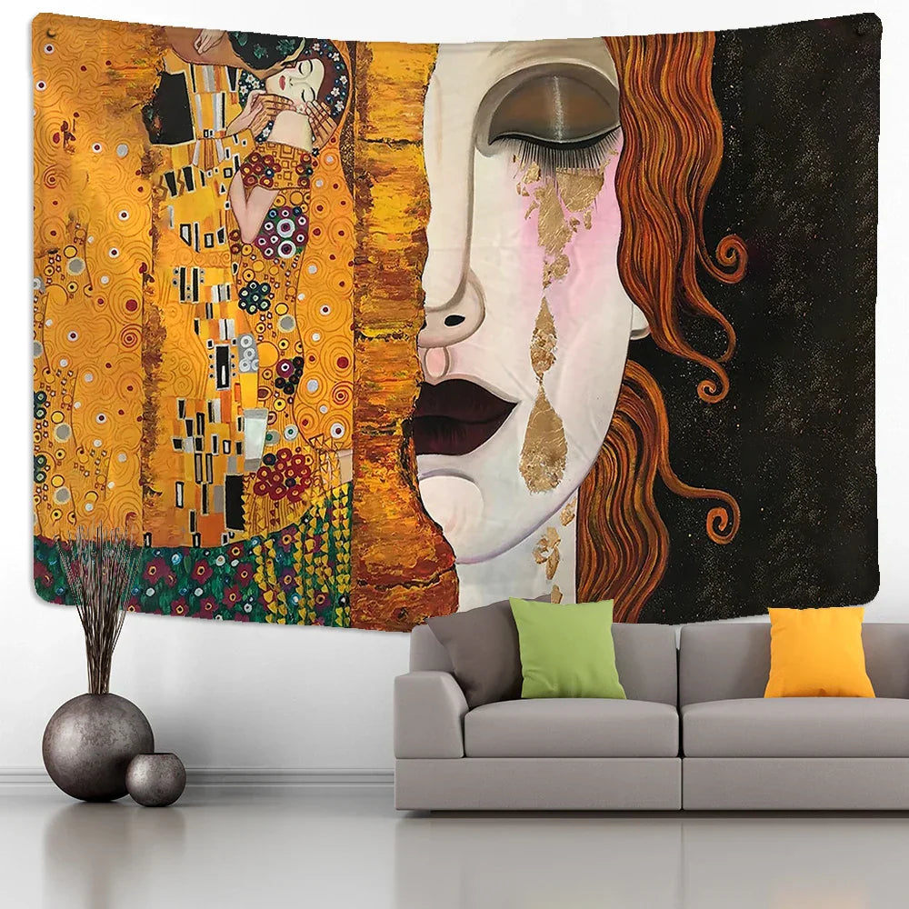 Decorbites™ Tapiz de Pintura al Óleo de Beso Dorado Colgante de Pared Arte Manta en Blanco