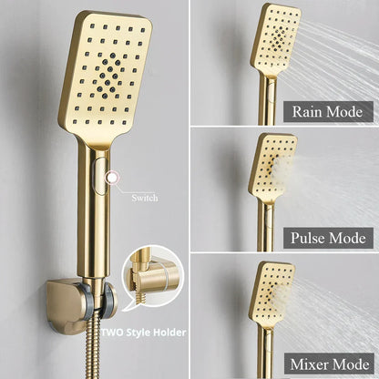 Juego de grifo mezclador para ducha DecorBites™ en oro cepillado con válvula de control negra para montaje en pared