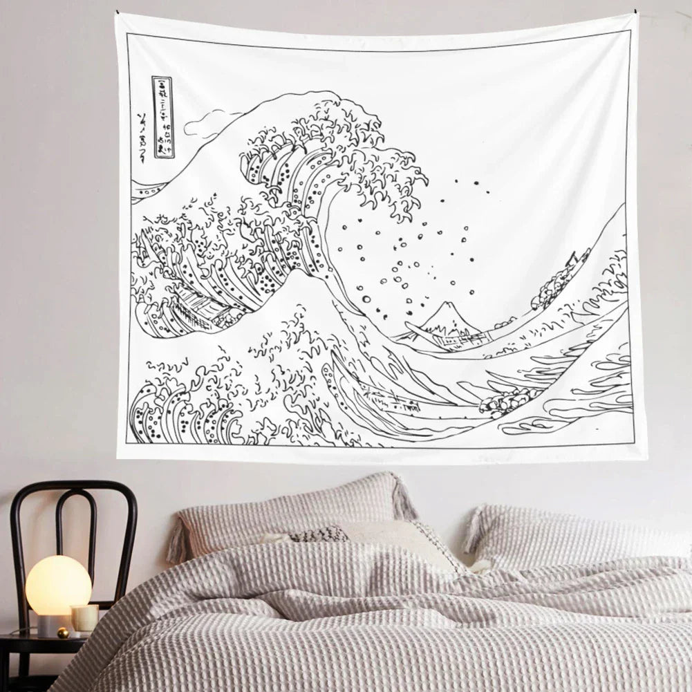 Decobites Kanagawa Wave Black White Tapestry Japanese Surfing Vintage Art Wall Hanging