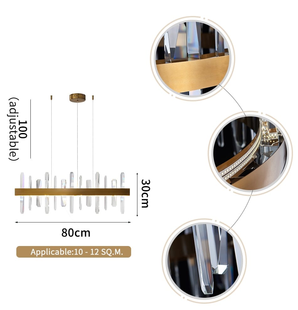 Modern rectangle gold crystal chandelier featuring a sleek minimalist design with clear crystal prisms ideal for dining room lighting.