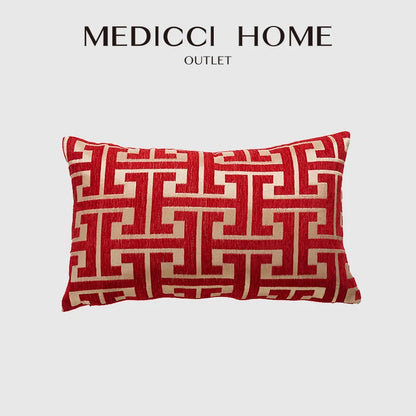 Funda de almohada lumbar DecorBites™ de chenilla geométrica - Funda decorativa moderna en jacquard rojo y dorado