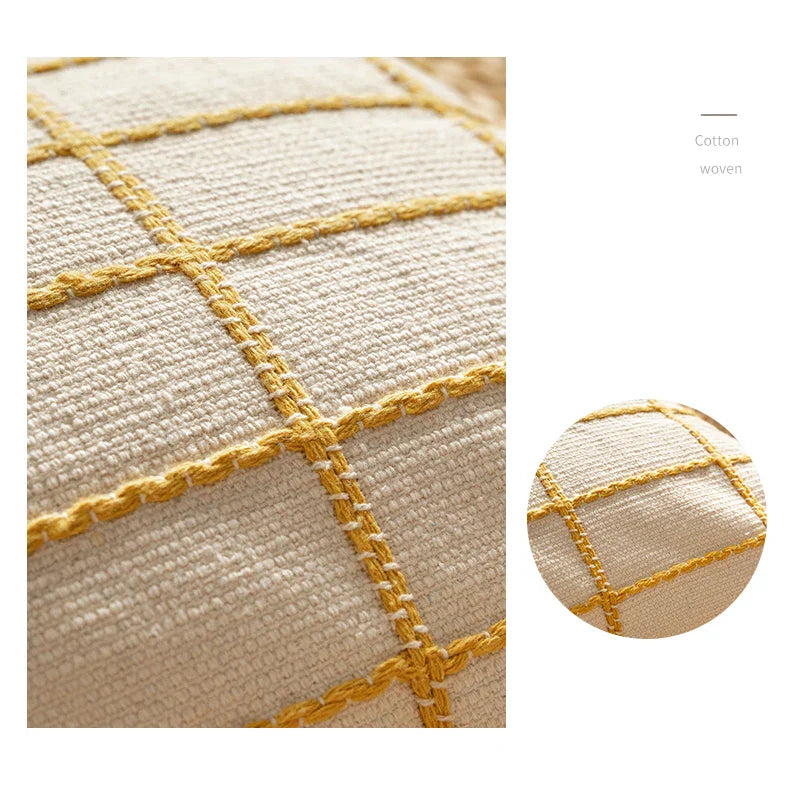 DecorBites™ Cotton Woven Check Yellow Grey Ivory Cushion Cover for Home Living Room