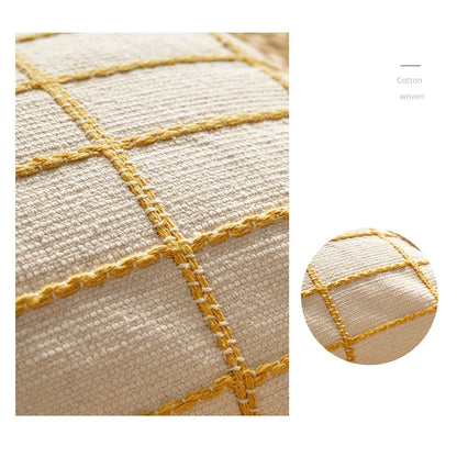 DecorBites™ Cotton Woven Check Yellow Grey Ivory Cushion Cover for Home Living Room