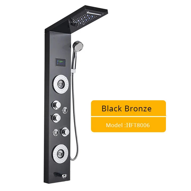 Grifo con panel de ducha y luz LED DecorBites™ con cabezal de ducha tipo cascada y chorros de masaje