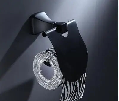 مجموعة أدوات الحمام المصنوعة من الألومنيوم الأسود من DecorBites™: حامل مناشف، حامل ورق، رف زاوية، رف مناشف، حامل فرشاة المرحاض