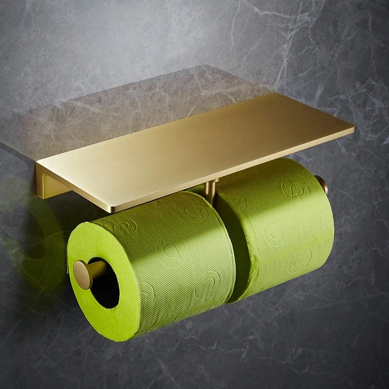 DecorBites™ Brass Bath Hardware Set: Shelf, Towel Rack, Paper & Toilet Brush Holder in Brushed Gold
