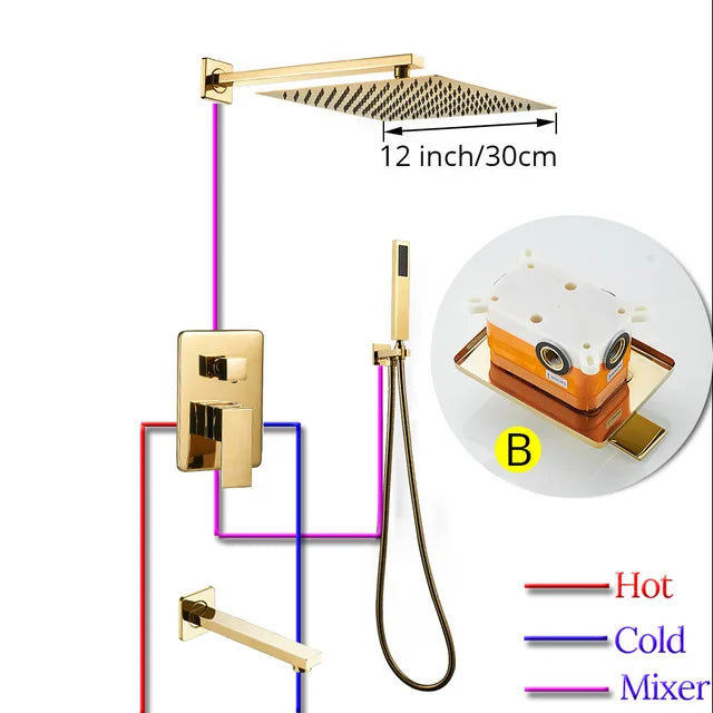 DecorBites™ Gold Bath Rain Shower Wall Concealed Faucet Set