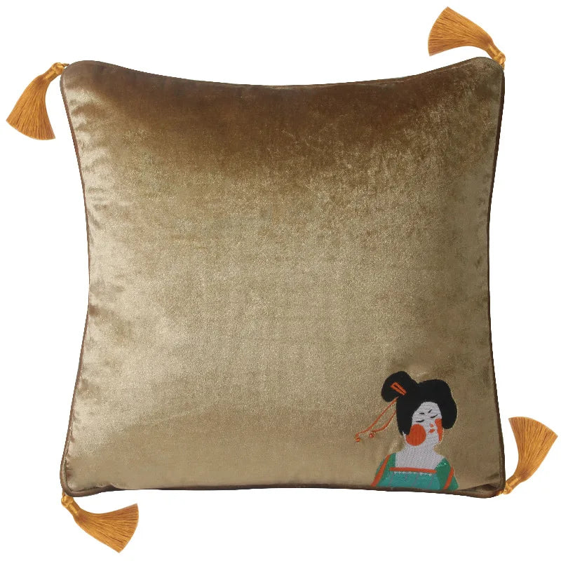 DecorBites™ Chinoiserie Tang Dynasty Lady Embroidered Cushion Cover for Sofa
