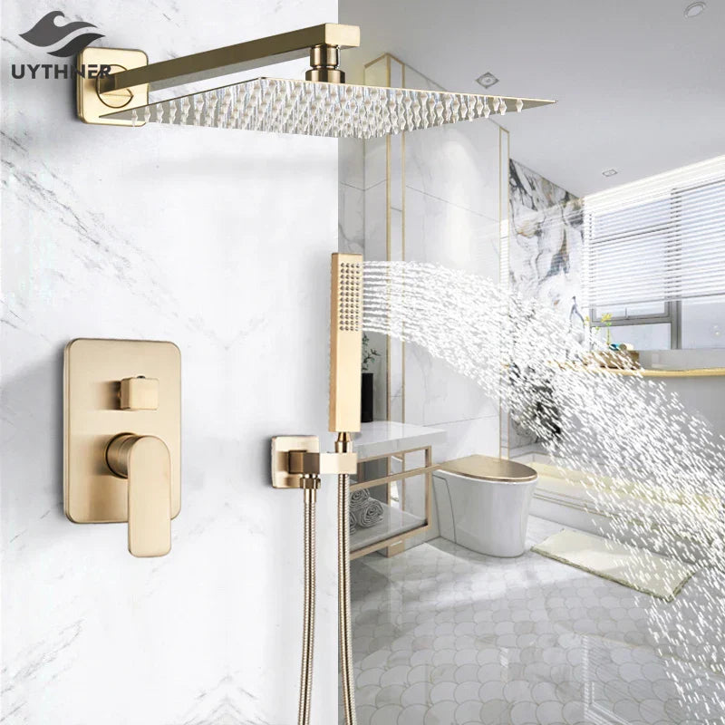 Juego de grifería para ducha tipo lluvia DecorBites™ Golden de 8" con teleducha - Grifo mezclador de lujo para montaje en pared