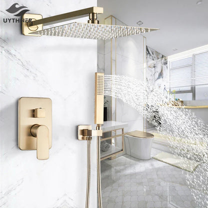 Juego de grifería para ducha tipo lluvia DecorBites™ Golden de 8" con teleducha - Grifo mezclador de lujo para montaje en pared