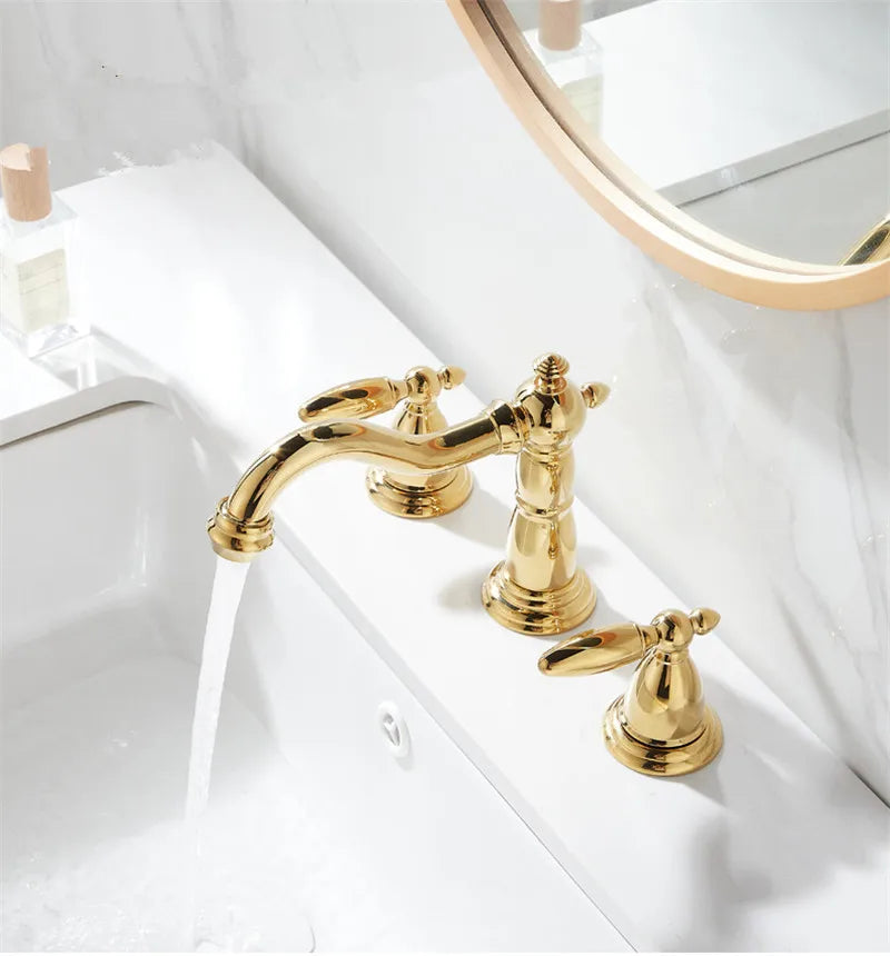 DecorBites™ Gold Brass Widespread Bathroom Faucet - Antique Sink Faucets 3 Hole
