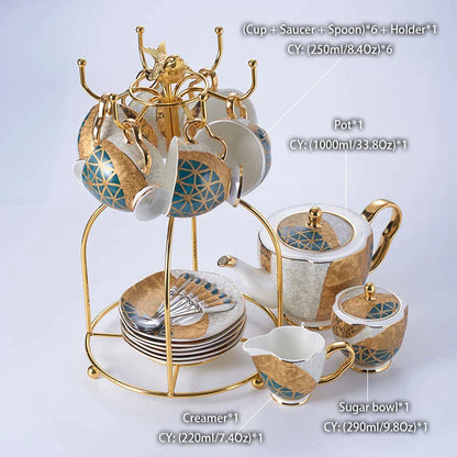 DecorBites™ Luxe Gold Inlay Bone China Coffee Set: Teapot, Cup, Sugar Bowl, Creamer, Mug