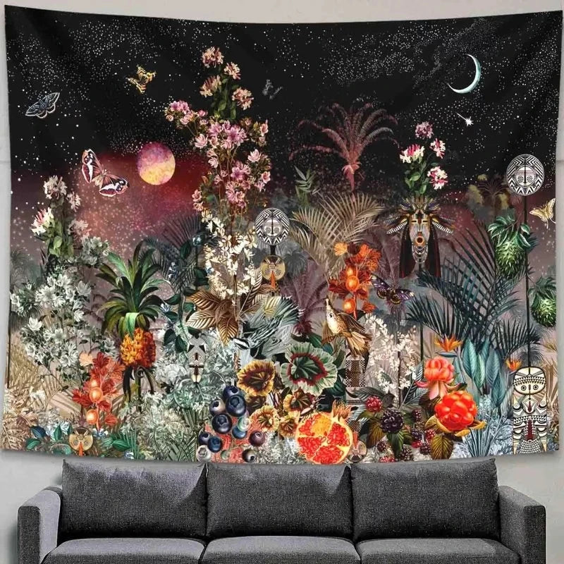 Psychedelic Moon & Starry Sky Tapestry by Decobites - Room & Dorm Decor Art