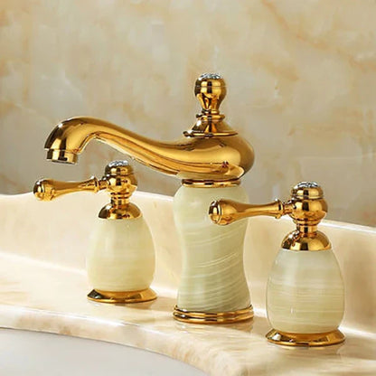 DecorBites™ Gold Brass Jade 3 Hole Widespread Basin Faucet with Double Handle