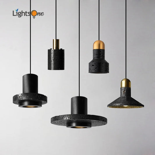 DecorBites™ Black Travertine Cement Terrazzo Pendant Light Industrial Hat Light