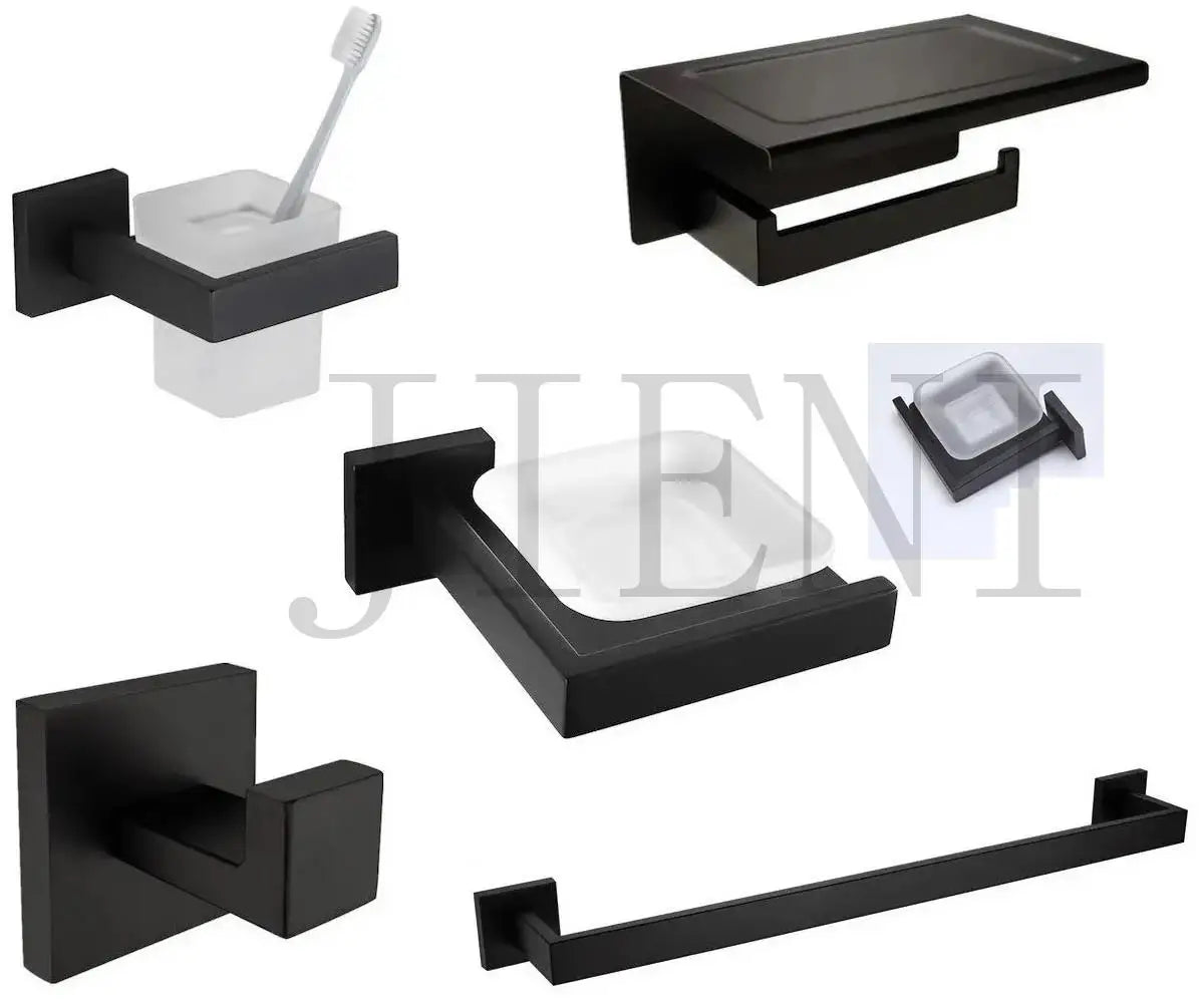 DecorBites™ Black Matte Stainless Steel Bathroom Hardware Set: Paper Holder, Toothbrush Holder, Towel Bar & Accessories