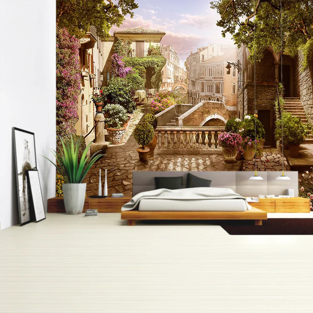 Tapiz DecorBites™ con paisaje de plantas verdes | Tapiz bohemio para pared en City Castle Hill