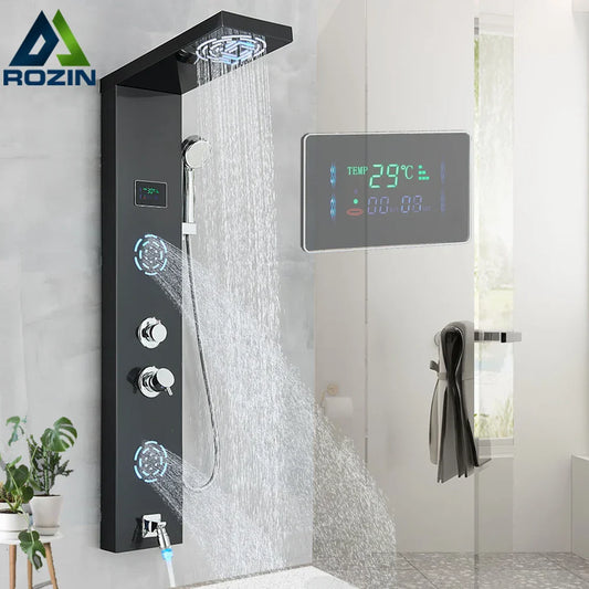 DecorBites™ LCD Black LED Rainfall Shower Panel with 5 Massage Jets Wall Mount