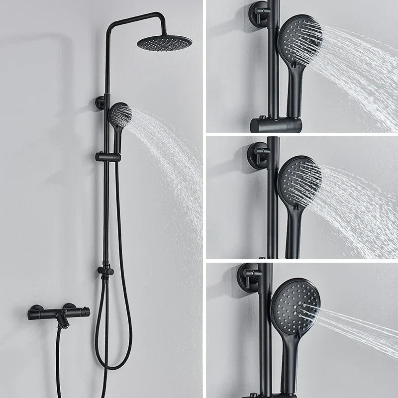 DecorBites™ Black Thermostatic Shower Faucet Set Chrome Wall Mount Rainfall Mixer Tap