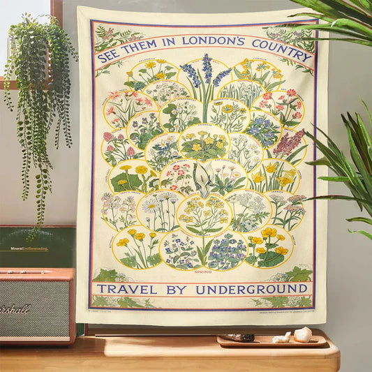 Decobites Botanical Wildflower Tapestry Wall Hanging Floral Print Identification Chart Wall Art