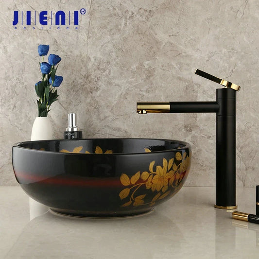 DecorBites™ Black Ceramic Hand-Painted Washbasin with Swivel Brass Faucet