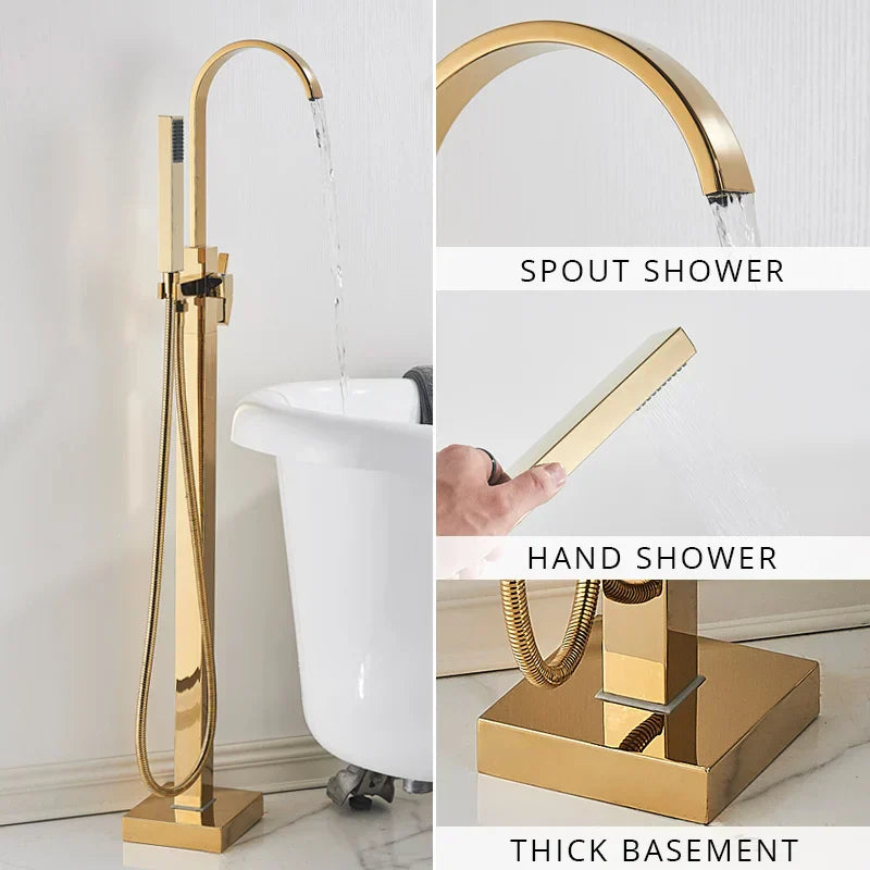 Juego de Grifos para Bañera de Oro Decorbites™ Mezclador de Ducha de Agua Caliente y Fría Grifo de Cascada Soporte de Suelo