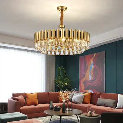 DecorBites™ Golden Stainless Steel Crystal Chandelier | LED Round Oval Lustre Fixture