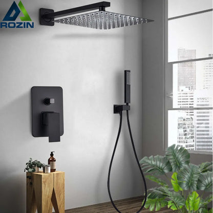 DecorBites™ Black Wall Mounted Shower Faucet with Handshower and Rainfall Shower Head