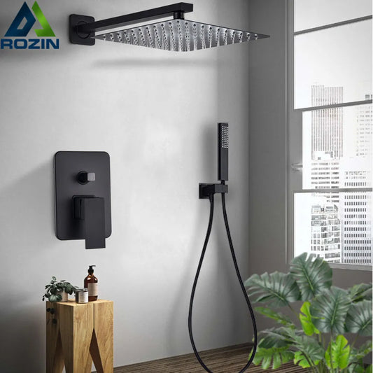 DecorBites™ Black Wall Mounted Shower Faucet with Handshower and Rainfall Shower Head