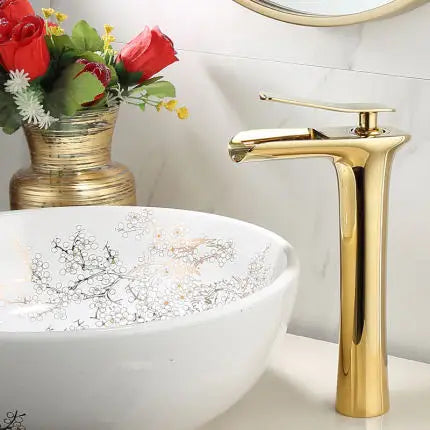 DecorBites™ Gold Waterfall Bathroom Basin Faucet, White Mixer Tap Hot Cold Sink Plugin