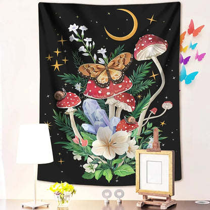 Decobites Mushroom Moon Star Tapestry Floral Wall Hanging for Boho Bedroom Decor