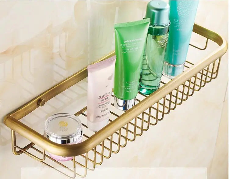Estante de baño de latón dorado Decorbites™ con perchero para toallas, soporte para champú y canasta