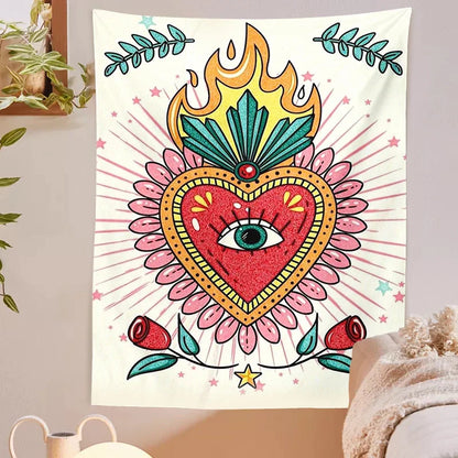 Psychedelic Floral Heart Tapestry Vintage Wall Blanket Boho Decor for Decobites